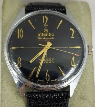 Vintage Atlantic Worldmaster Mens Swiss Made Watch 17 Jewels Black Dial
