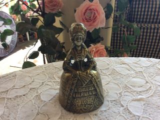 Vintage Small 3 5/8 " High Solid Brass Bell Victorian Lady With Fan