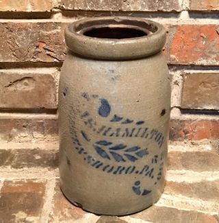 Antique Jas.  Hamilton & Co.  Greensboro,  Pa.  8” Stoneware Canning Crock Jar