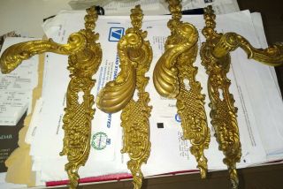 Antique French 4 Large Gilt Brass Door Handles 19th Century - Louis Xvi Style