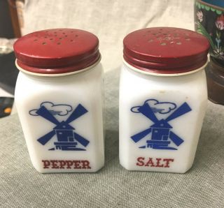 Vintage Tipp City Milk Glass Salt & Pepper Shaker W/lids Windmill,  Made In Usa
