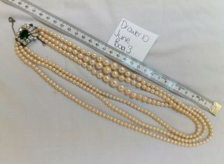 Vintage Triple Strand Faux Glass Bead Pearl Necklace Bridal Rhinestone Clasp