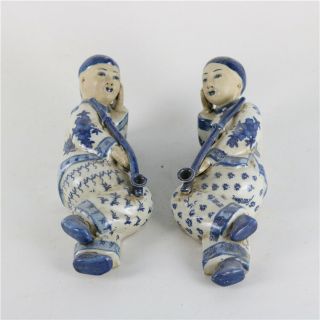 A Pair Chinese Blue White Porcelain Figure Statue