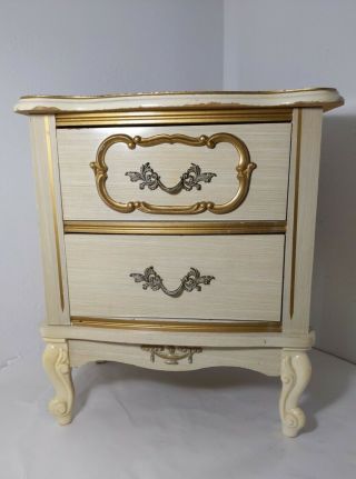 Vintage French Provincial 2 - Drawer End Table Nightstand Cream White Gold