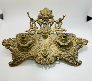 Antique Vintage Footed Victorian Bronze Brass Double Ink Wells