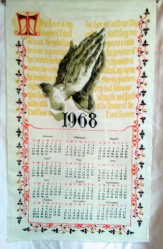 Vintage Linen 1968 Calendar Kitchen Towel The Lords Prayer Hanging Nwot 16.  5x29
