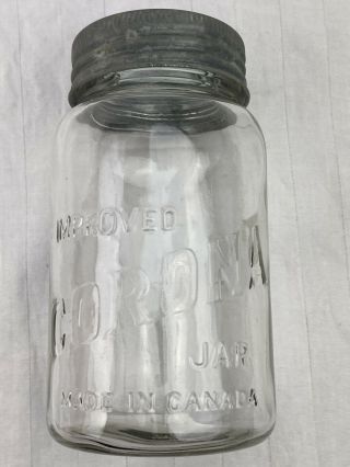 Vintage Improved Corona 1 Quart Canning Jar Glass Lead Made In Canada