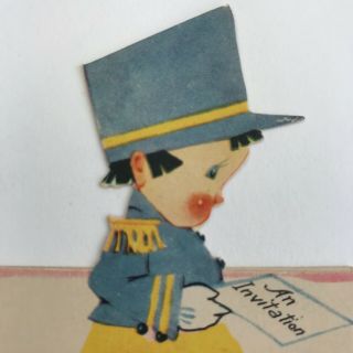 Vintage Mid Century Die Cut Party Invitation Invite Greeting Card Toy Soldier