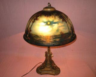 Antique Pittsburgh Arts & Crafts Glass Chipped Ice Reverse Painted Table Lamp