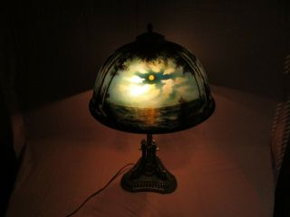 Antique Pittsburgh Arts & Crafts Glass Chipped Ice Reverse Painted Table Lamp 2