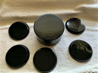 Vintage Black Lacquer Set of 5 Round Coasters in Case - Oriental Scenes Gold Red 2