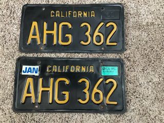 1963 Vintage Pair Black & Yellow California License Plates Ahg 362