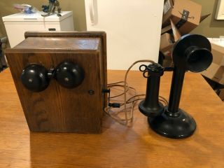 Antique Stromberg Carlson Candlestick Telephone With Oak Ringer Box