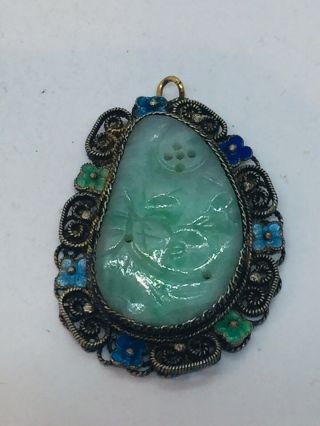 Chinese Antique Sterling Silver Green Jade Filigree Pendant