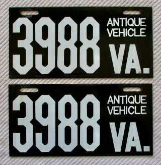 Virginia Porcelain Antique Vehicle License Plate Pair 3988