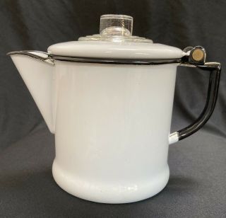 Vintage Small Black And White Enamelware Coffee Pot Insides W Glass Top