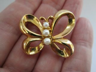 Vintage Gold Tone Faux Pearl Butterfly Costume Jewellery Brooch Pin