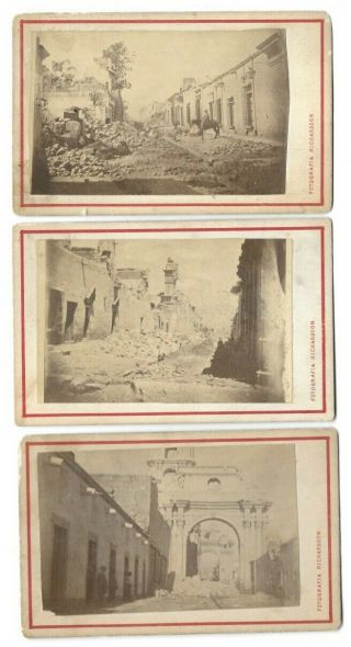 3 1868 Arica Earthquake Damage Ruins Cdv Peru Lima Chile Disaster Photo Antique
