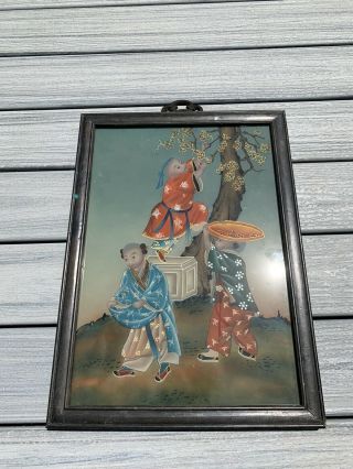 Antique Chinese Reverse Painting On Glass Court Ladies Calligraphy Writing