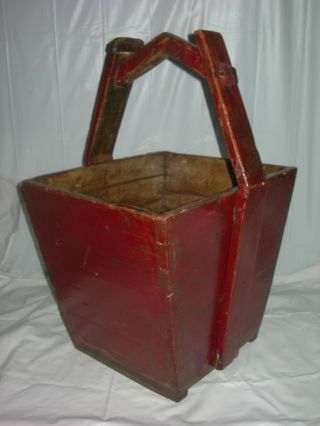 Primitive Antique Chinese Wooden Bucket - Worn Red Paint Dovetail Corners