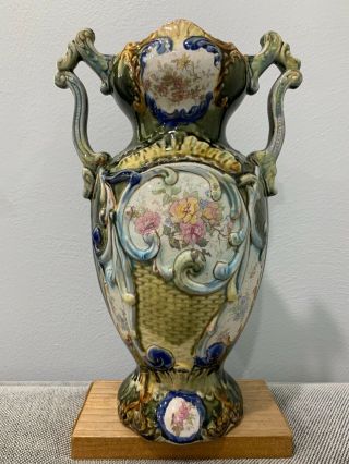 Antique European Majolica Pottery Large Double Handled Vase W Flowers Decoration