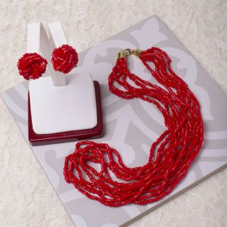 Vtg Red 6 Strand Glass Bead 24 " Torsade Gold Tone Necklace Pierced Earring Set