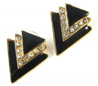 Vintage 1980s Art Deco Style Black Enamel Clear Rhinestone Pierced Earrings