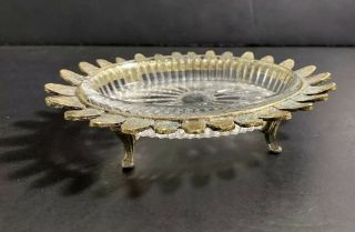 Vtg HANNA Pedestal Soap Dish Trinket Holder /Hollywood Regency Gold Metal Glass 2