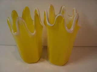 Set Of 2 Vintage Yellow,  Hand Blown Vases.  Made In Japan.