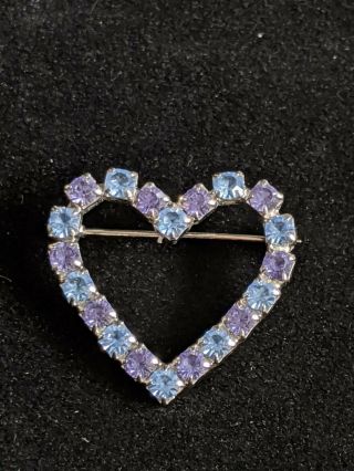 Vintage Estate Silver Tone Purple Blue Rhinestone Open Heart Pin Brooch