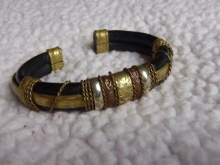 Vintage Leather And Metals Bracelet Copper,  Gold Tone,  Silver Tone,  Chains