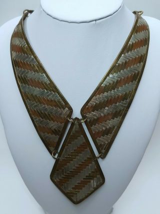 Vintage Statement Necklace 3 Tone Metal Weave 3 Panal Flat Lay Tribal Egyptian