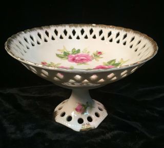 Vintage Lefton China Pedestal Bowl Hand Painted Pink Roses W/gold Trim 20053b