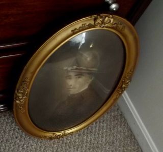 Antique World War 1 Ww1 Military Doughboy Portrait Oval Wood Convex Glass