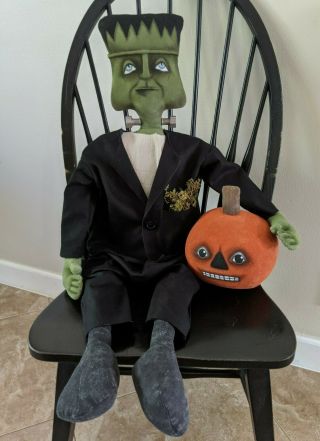 Primitive Halloween Frankenstein Doll With Pumpkin Handmade