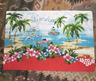 Vintage Pillowcases Paradise Surfers Tiki Hawaii Island Beach Set Of 2 H5