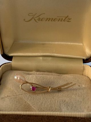 Vintage Signed Krementz Gold Filled Flower Pearl Ruby Brooch Pin