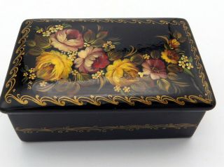 Vintage Russian Lacquer Hand Painted Signed Floral Hinged Small Trinket Box