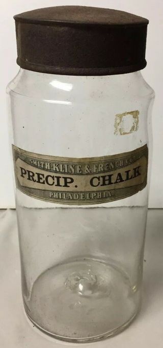 Vintage Apothecary Drugstore Smith Kline & French Phila Jar Bottle Chalk Tin Lid