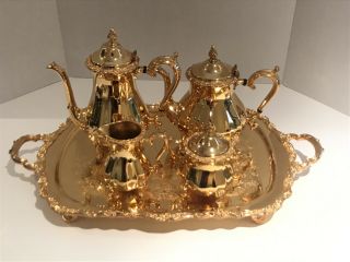 International Silver Gold Plated 5 Pc Tea Set Webster Wilcox Signed