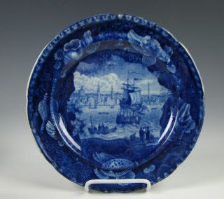 Antique Dark Blue Staffordshire Plate American View Of Liverpool Shell Border