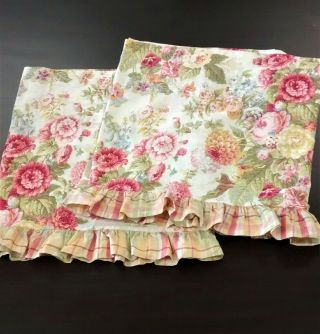 Vintage Waverly Valances Pair Ruffled Pink Rose Floral Shabby Chic 49 " X 18 "