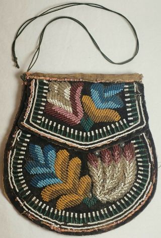 Antique 1857 Native American Iroquois Indian Beaded Purse Reticule Pouch Bag