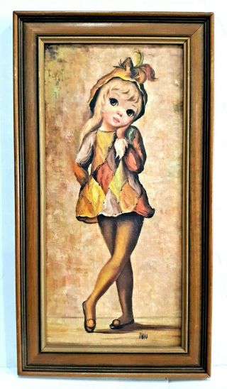 Vintage Maio Big Eyes Harlequin Girl Framed Print Picture After Margaret Keane