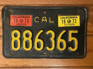 Vintage California Ca Motorcycle License Plate Black & Yellow 1973 & 1972 Reg