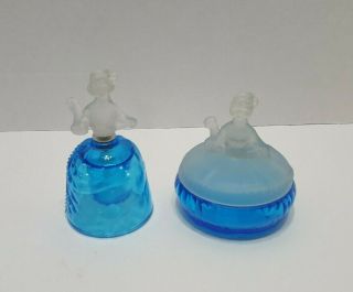 2 Vintage Blue Satin Glass Powder Box And Bottle With Colonial Lady Busts