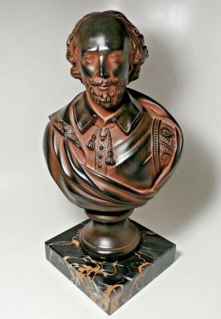 Vintage 14.  5 " Bronze William Shakespeare Bust Sculpture Statue On Marble Plinth