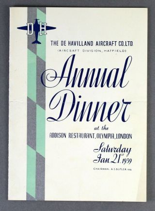 De Havilland Aircraft Company Annual Dinner Menu 1939