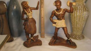 Vintage Pair Tiki Hawaii Treasure Craft Ceramic Hawaiian Hula Dancer Figures Mcm
