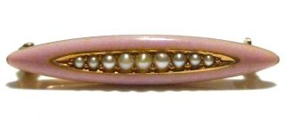 Designer Antique Victorian Pink Enamel Pearl 14k Yellow Gold Brooch Pin 1 "